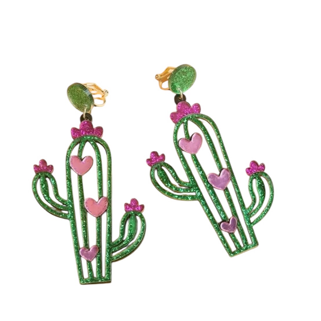 Green Cactus Dangle Earrings